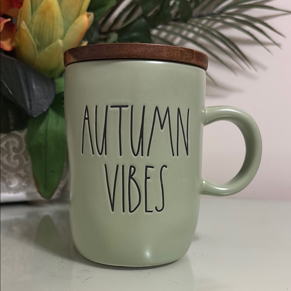Autumn Vibes mug with wood coaster top
